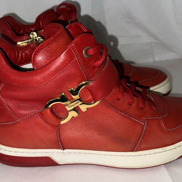 Size: 9.5 Salvatore Ferragamo Nayon High Top Men’s Sneaker Red Rosso Calf ITALY - Picture 8 of 10